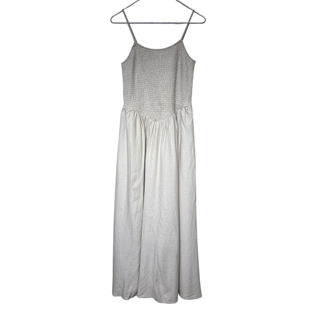 Rachel Zoe tan rayon linen blend smocked v drop waist sleeveless maxi dress